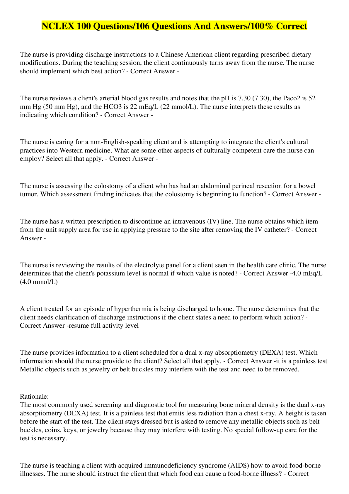 Preview image for NCLEX 100 Questions/106 Questions And Answers/100% Correct